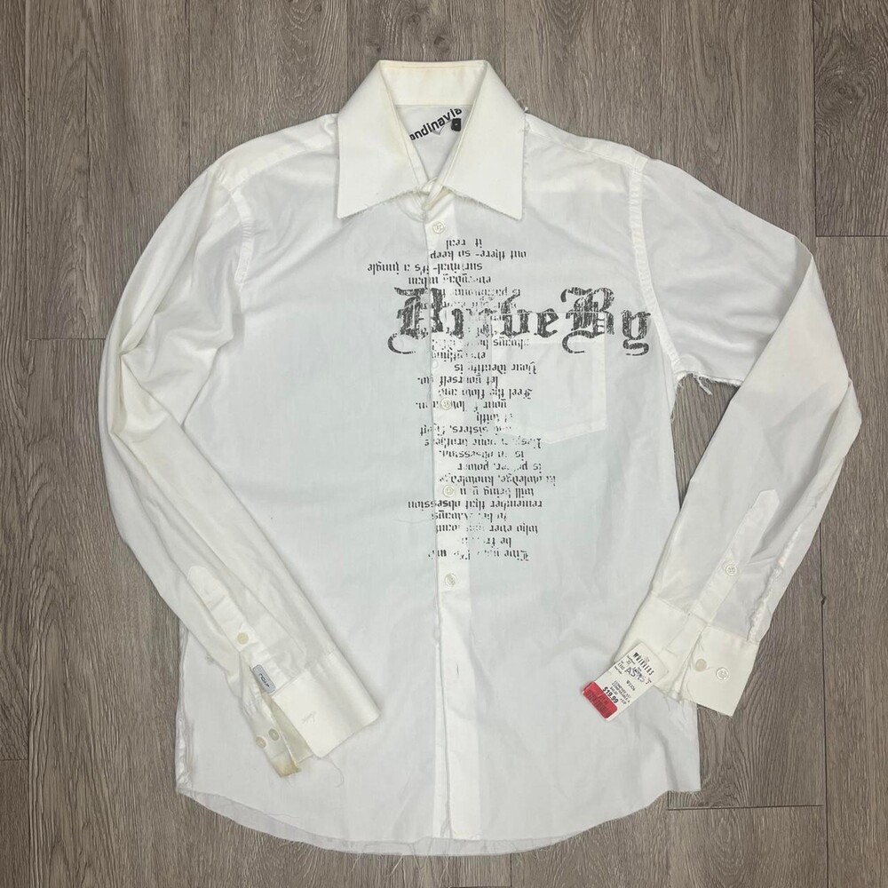 candinavia White vintage shirt with black text graphic Y2K grunge emo biker